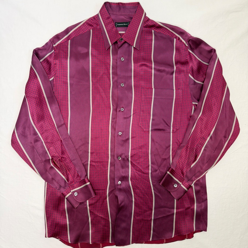 Stefano Ricci 100% Silk Made In Italy Mens M Striped Button Up Shirt Red Purple